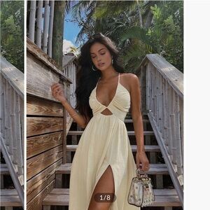 COMMENSE Yellow Backless Criss Cross Midi Dress